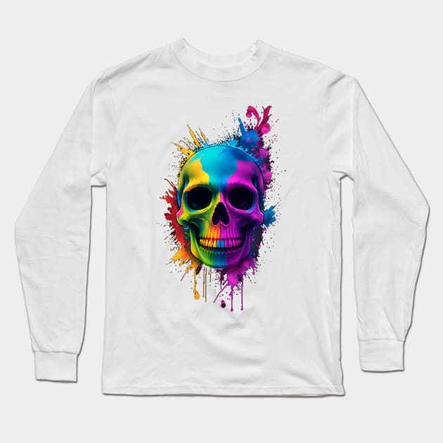Color splashed decorated human skull with lots of cute colors Long Sleeve T-Shirt by Terror-Fi